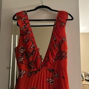 Orange and Flower Blossom Pleated Chiffon Dress